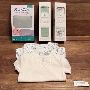 SwaddleMe Swaddles Lot & 3 Onesies Newborn